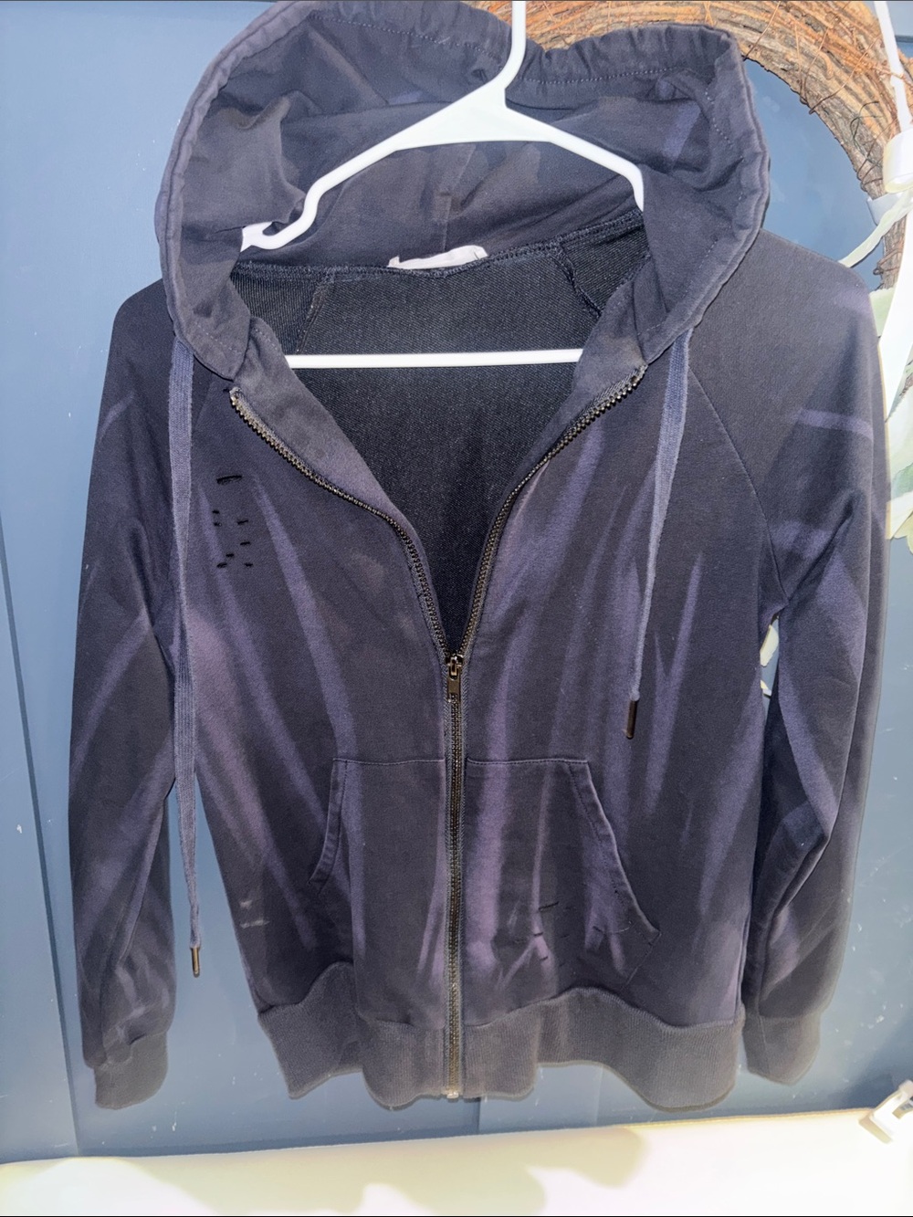 Bobbi Rocco Women's Distressed Navy/Tie Dye Pattern Zip Up Hoodie Lightweight